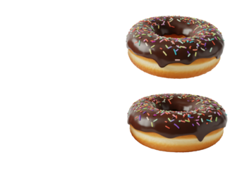 Assorted donuts: pink with sprinkles, two chocolate, one plain, levitating dynamically against a transparent background with ample copy space, no shadows, ultra realistic high angle shot, vibrant