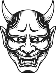 Fototapeta premium Japanese oni mask, traditional demon face illustration, mythical creature with fierce expression and horns, symbol of folklore and legend