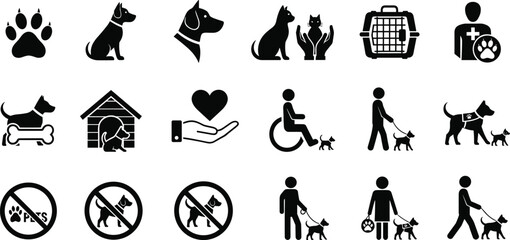 Pet care icons collection including dog, cat, paw print, veterinarian, wheelchair assistance, service dog, no pets allowed, pet adoption sign