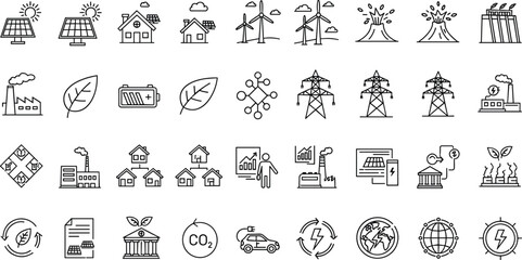 Renewable energy icons collection, solar panels, wind turbines, green energy, eco power plants, sustainability network, electric car, outline vector