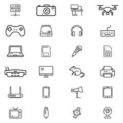 Collection of various electronic devices and gadgets in outline style with clean and simple design