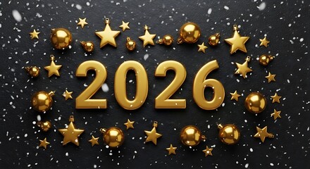 Golden 2026 festive new year decoration with snowflakes