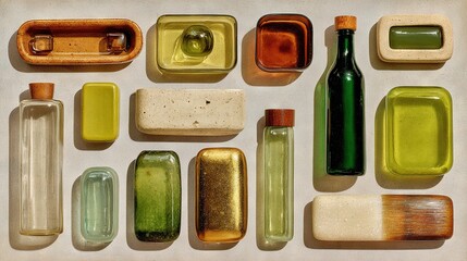   A table topped with various types of glass bottles, filled with a variety of colors