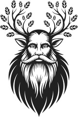 Fototapeta premium Lisovyk, mystical forest guardian, with antlers adorned by leaves, embodying nature's spirit and strength, vintage engraved style illustration