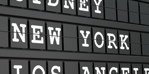Obraz premium New York, United States, travel destination, airport departure board. Tourism, booking, vacation, travel, holiday, journey. 3D illustration