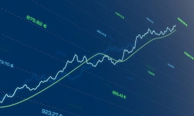 Rising stock makret chart, growth wealth. Data, success, positive, winning, trading, risk, volatility, investment. 3D illustration