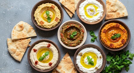 Middle Eastern Feast: Hummus, Dips, and Pita Bread Flat Lay, Ready to Eat