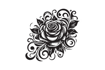 Fototapeta premium Intricate rose tattoo silhouette with elegant swirling petals and delicate thorns, isolated on a clean white background