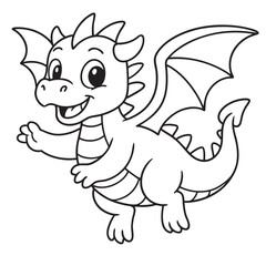 Black and white line illustration of a friendly cartoon baby dragon waving and smiling. A coloring book page for children. 