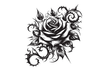  Intricate rose tattoo silhouette with elegant swirling petals and delicate thorns, isolated on a clean white background