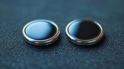 Close-up of sleek, round cufflinks with a black inlay and silver trim, resting on a textured dark surface
