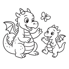 Black and white cartoon illustration of a friendly dragon and a baby dragon interacting with a butterfly. A sweet coloring book page for children. 