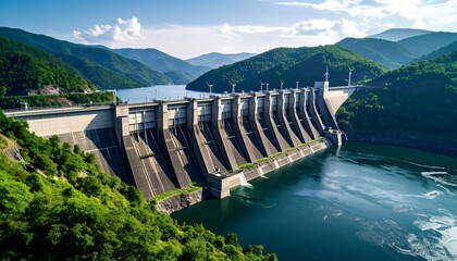Majestic dam spanning a valley, surrounded by lush greenery and mountains