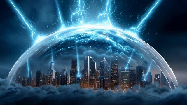 Dramatic cityscape protected by an energy dome with electric lightning.