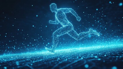 Naklejka premium A digital runner made of glowing blue particles sprints forward in a futuristic and technologically advanced setting