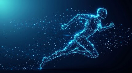 Fototapeta premium Abstract running man form lines and triangles, point connecting network on blue background