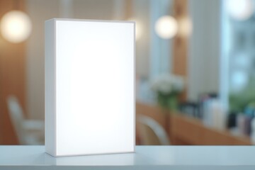 portrait mockup of illuminated led banner panel inside boutique salon with soft interior décor behind