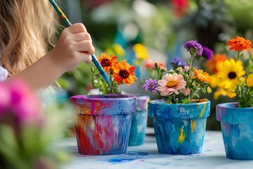 Caucasian child painting colorful pots for flowers with a brush, in a sunny garden, during a leisure activity