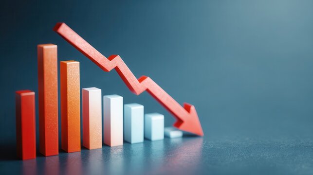 Premium image of decreasing bar chart with downward arrow point down. Economic recession concept.