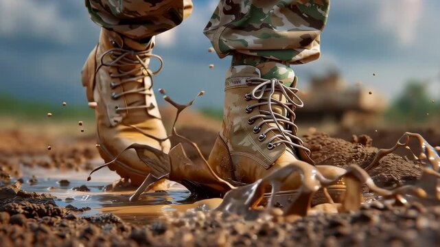 Close-up of military boots splashing through muddy water in a natural setting.