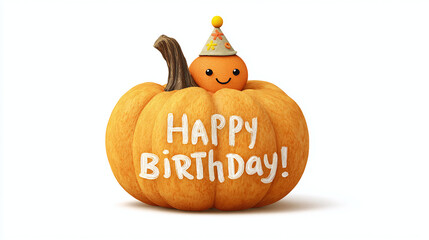 Pumpkin with carved "Happy B-Day" message and tiny hat on top, cute fall celebration, transparent background