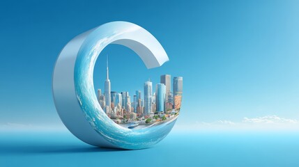 Innovative 3D representation of city skyline within a stylized water letter.