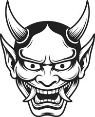 Oni Japanese demon face, mythical creature illustration, traditional folklore symbol, intricate engraved design