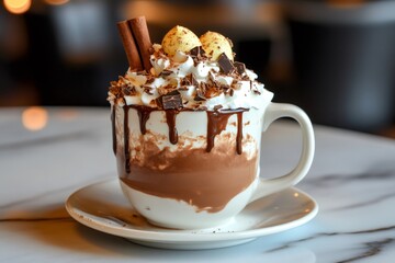 Gourmet hot chocolate overflowing with whipped cream, chocolate chips, cinnamon sticks and Easter eggs served on a marble table in a cafe