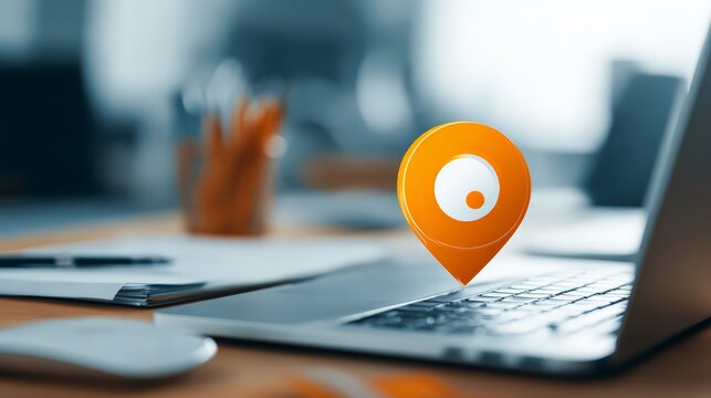 Modern workspace with a laptop and location pin symbolizing digital navigation.