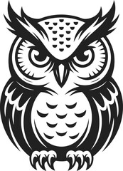 Fototapeta premium Owl, wise bird, nocturnal creature, symbol of knowledge, black and white engraved illustration featuring intricate feather details, sharp gaze