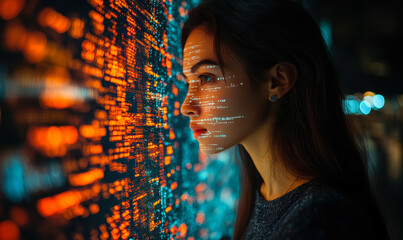 Young woman analyzing illuminated digital code on transparent screen close up profile concept of technology data visualization and artificial intelligence in dark environment