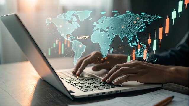 Person using laptop with digital world map and stock charts overlay