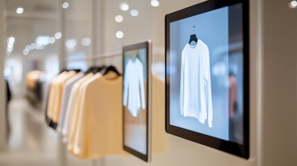 Digital Clothing Display Sweaters on Hangers in a Modern Store, retail , shopping