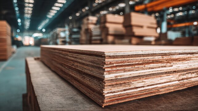 Premium image of plywood panel stack in warehouse storage.