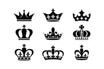 Set of black and white crown illustrations in various styles for design projects
