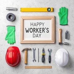 Happy workers day celebration with tools and safety gear display