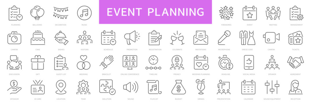 Event planning thin line icons set. Party, birthday, event organization, celebration icon. Editable stroke. Vector