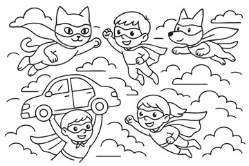 Simple line art of kids and animals dressed as superheroes flying in the sky with a car. A coloring book page for kids. 