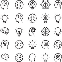 Artificial Intelligence and Brainstorming Line Icons Set – AI, Brain, Innovation, and Ideas