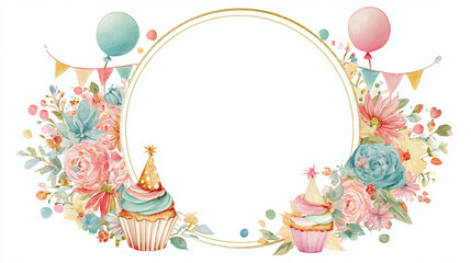 Round floral border with pastel birthday elements