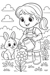 Simple line drawing of a smiling girl watering flowers while a cute bunny sits nearby in a sunny garden. A coloring book page for kids, with vector crisp lines, bold outline, white background, simple