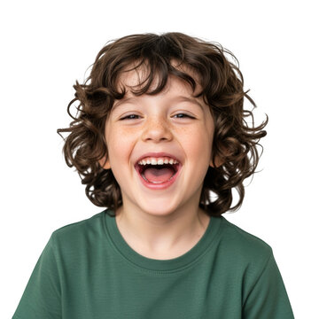 A cheerful caucasian boy with curly hair is laughing and smiling isolated on transparent background