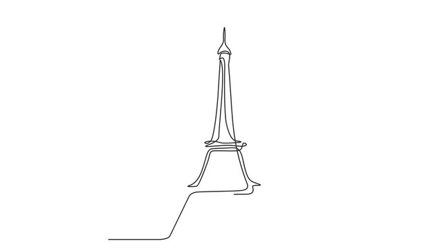 Animated self drawing of continuous line draw of Eiffel tower. Full length one line animation. 4K	