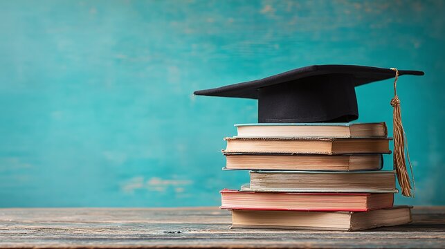 Graduation cap on books. Symbol of achievement and academic success, ideal for educational content and graduation celebration materials.