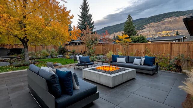 Enjoy a peaceful autumn day in a beautifully designed backyard featuring a firepit, comfortable seating, and stunning fall colors