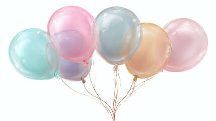 Set of five pastel balloons in different colors tied together with string, semi-transparent style, transparent background