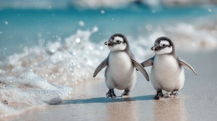 Naklejka premium A pair of tiny penguins perched atop a seaside shore, beside a towering wave that crashed onto the sand