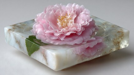   A giant pink flower atop a white bar of soap, adorned with a lush green leaf