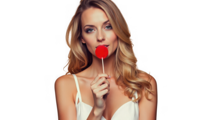 Blonde woman in white top holding a red heart lollipop isolated on transparent background