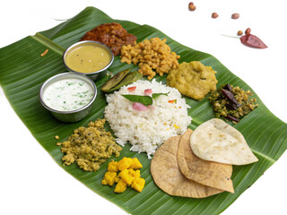 Happy Onam, an Indian festival, Kerala Onam - Sadya served on banana leaves isolated on a transparent background. Onam Vishu Pongal Diwali festival vegetarian food Kerala Tamil Nadu South India.